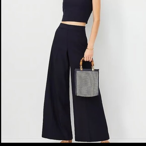 Ann Taylor Pants - - ANN TAYLOR RIC RAC TRIM PALAZZO WIDE NAVY LINEN BLEND PANTS NEW $129 2
